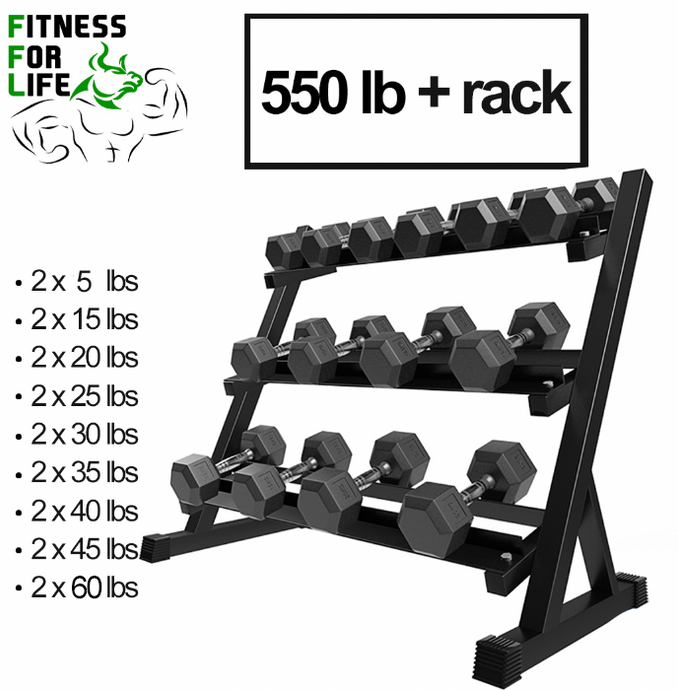 550 lb HEX Dumbbells Set + Rack 5-60 lb