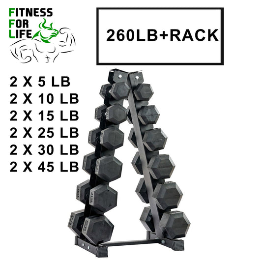 260 lb HEX Dumbbells set + Rack