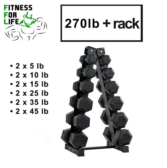 270 lb HEX Dumbbells set + Rack