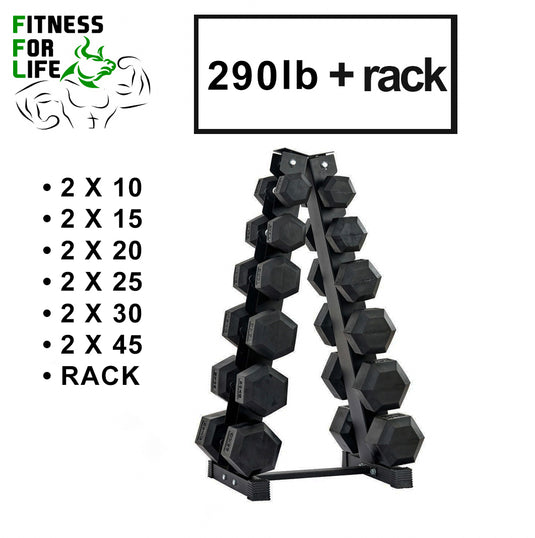 290 lb HEX Dumbbells set + Rack