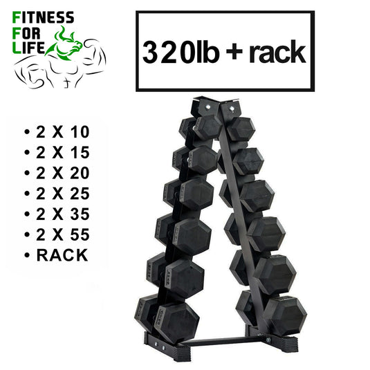 320 lb HEX dumbbells set + rack