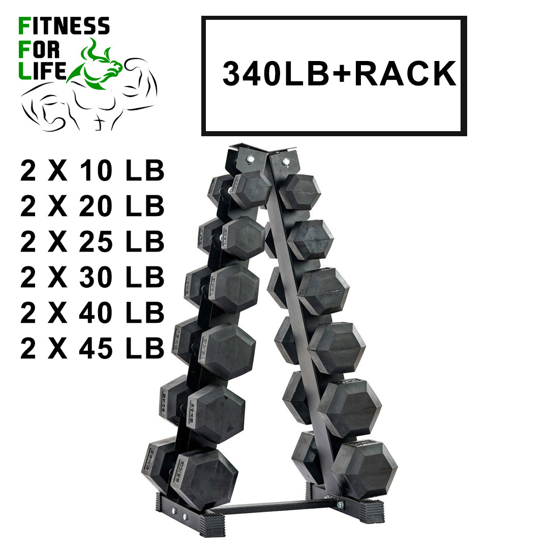 340 lb HEX Dumbbells set + Rack – Fitness For Life FFL