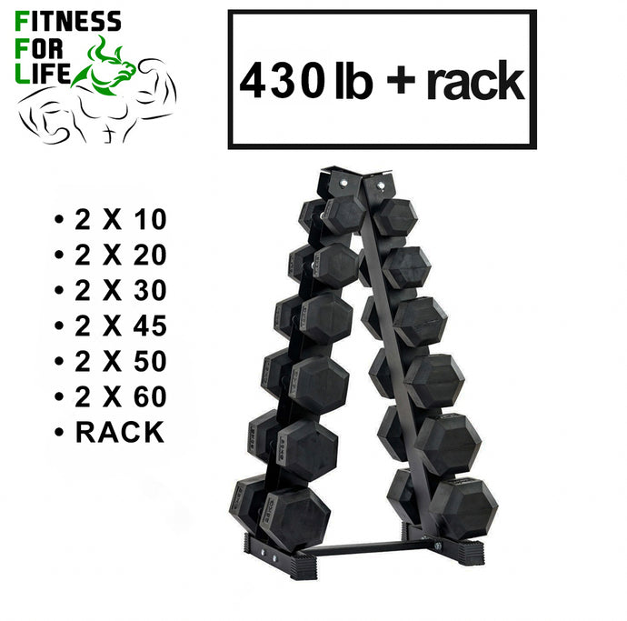 430 lb HEX Dumbbells set + Rack