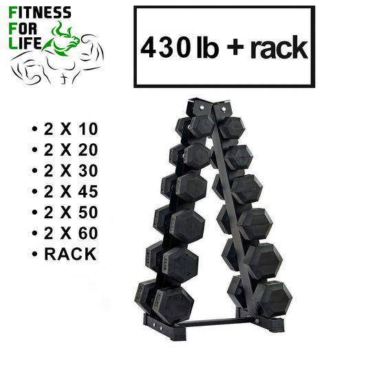 430 lb HEX Dumbbells set + Rack