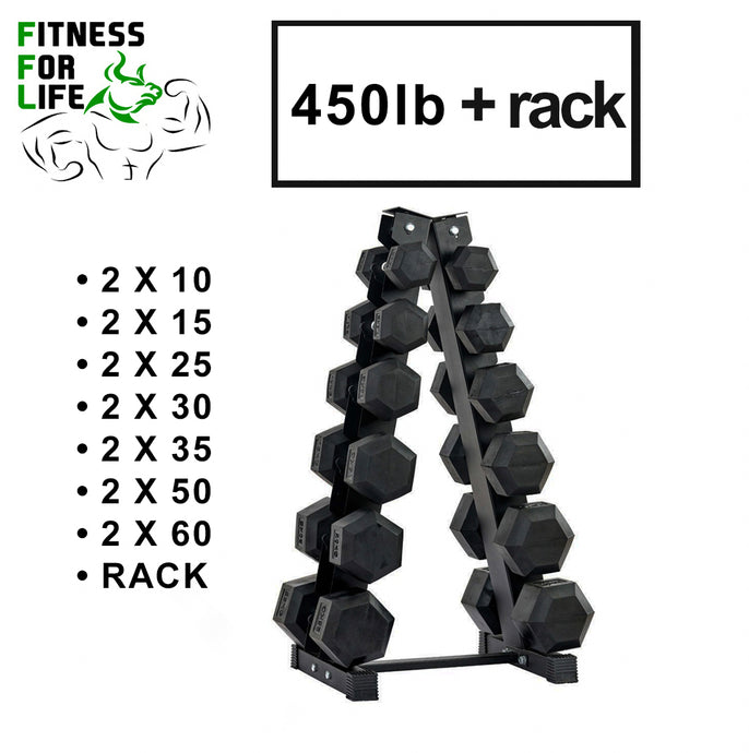 450 lb HEX Dumbbells set + Rack