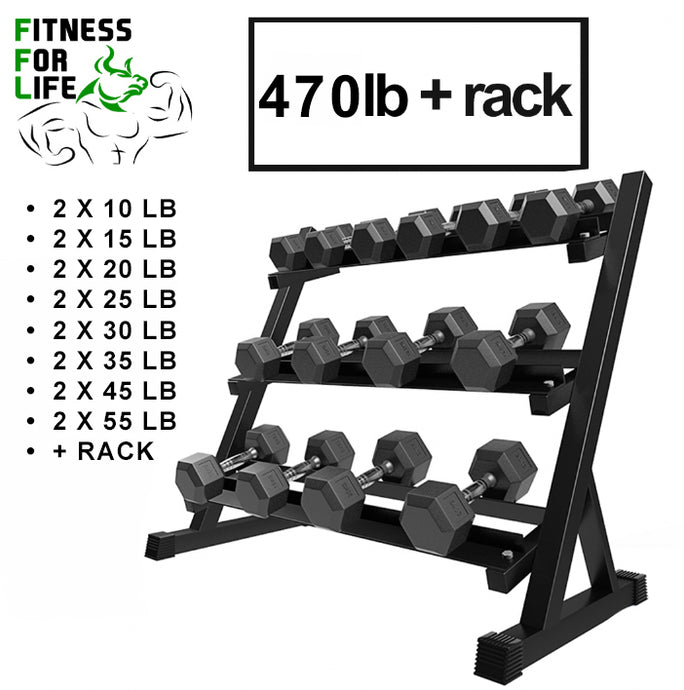 470 lb HEX Dumbbells Set + Rack