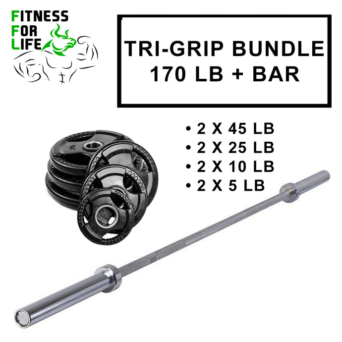 170 lb Rubber Plates Tri Grip Bundle + bar