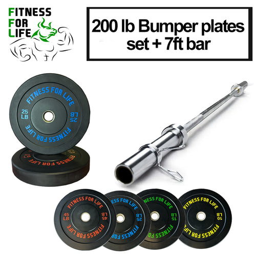 200 Lb Bumper Plates set with 7 ft barbell