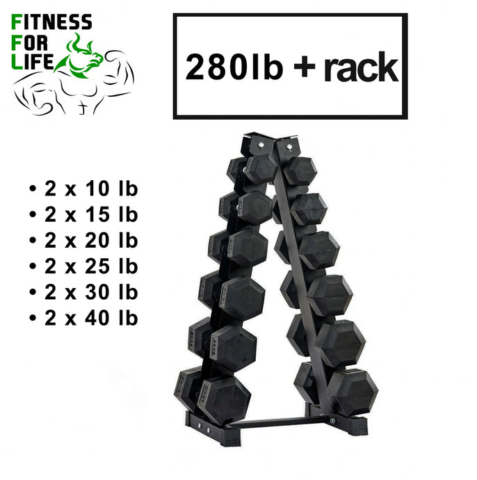 280 lb HEX Dumbbells set + Rack