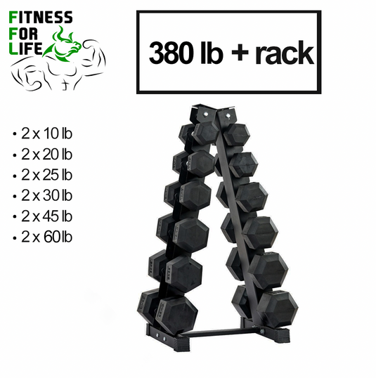 380 lb HEX dumbbells set + rack