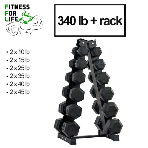 340 lb HEX dumbbells set + rack